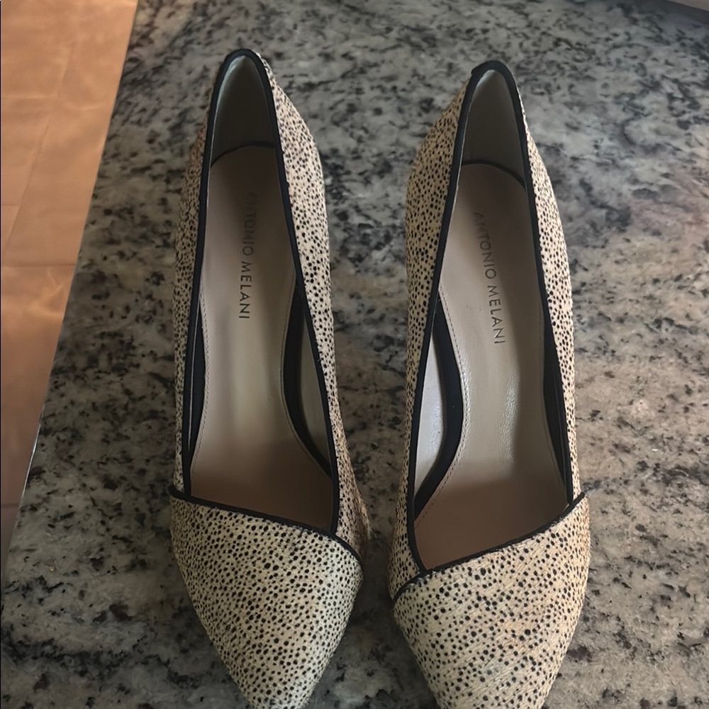 ANTONIO MELANI Cream/Animal Print Heels Gently Used